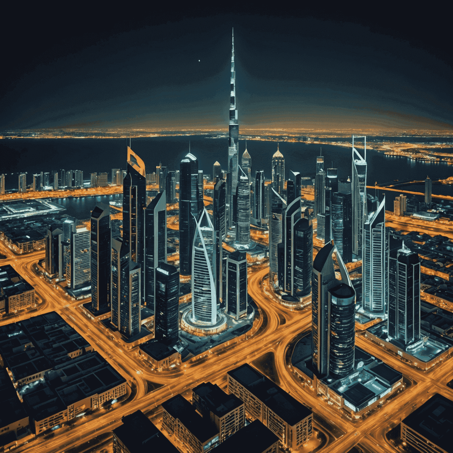 A vibrant cityscape of Kuwait at night, showcasing modern skyscrapers and illuminated streets, symbolizing connectivity and technological advancement