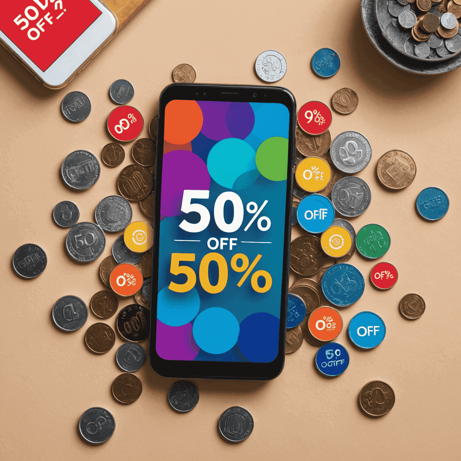 A colorful promotional image showing a smartphone with '50% Off' text overlaid, surrounded by digital coins and discount symbols