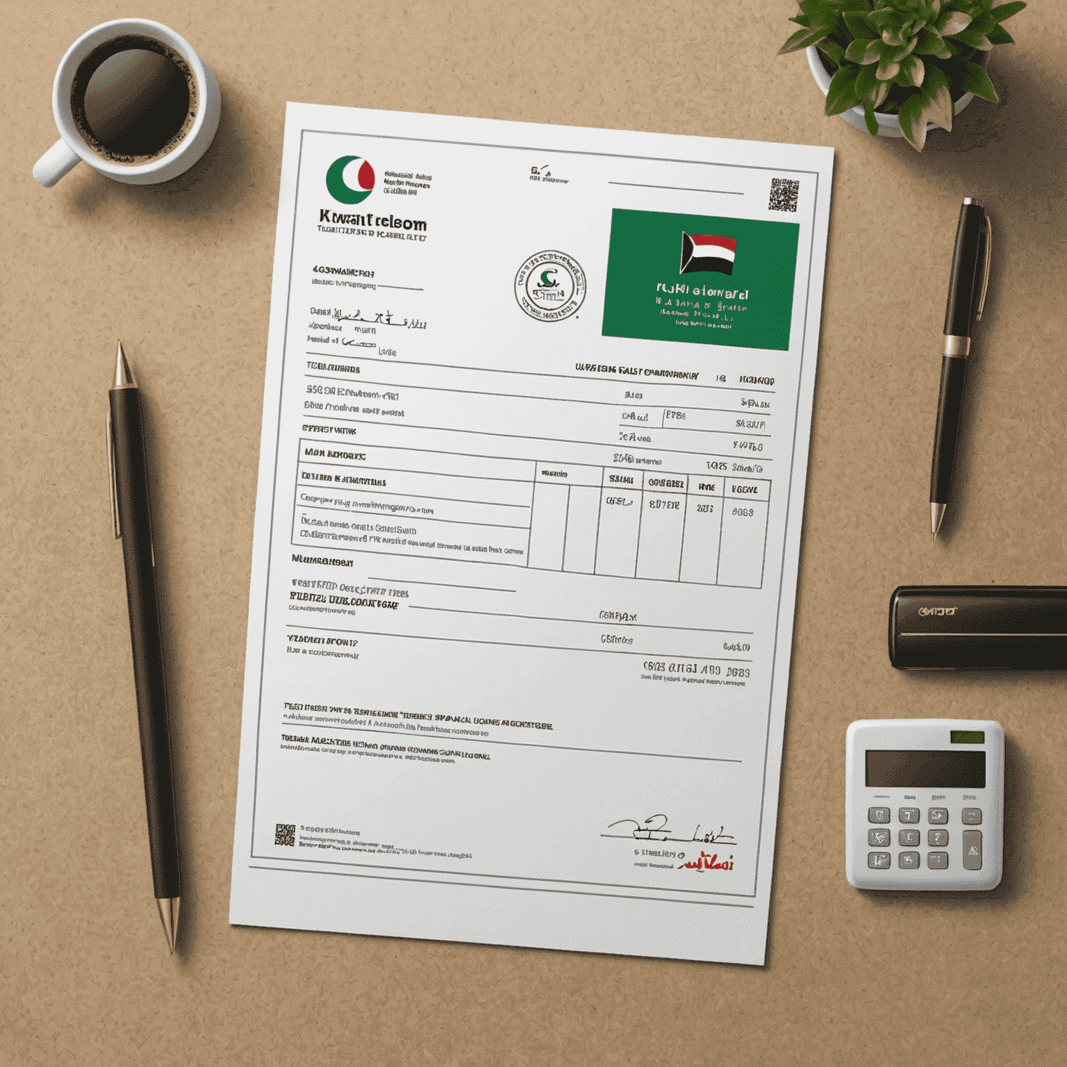 A digital invoice with Kuwaiti telecom company logos and a 'Paid' stamp overlay