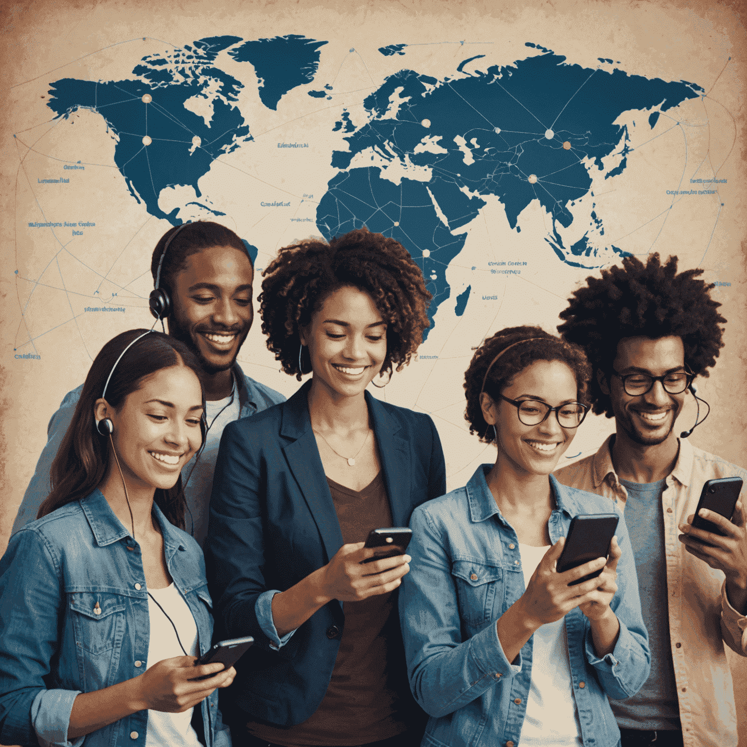 Happy diverse group of people using their phones to make international calls, with a world map in the background showing connection lines