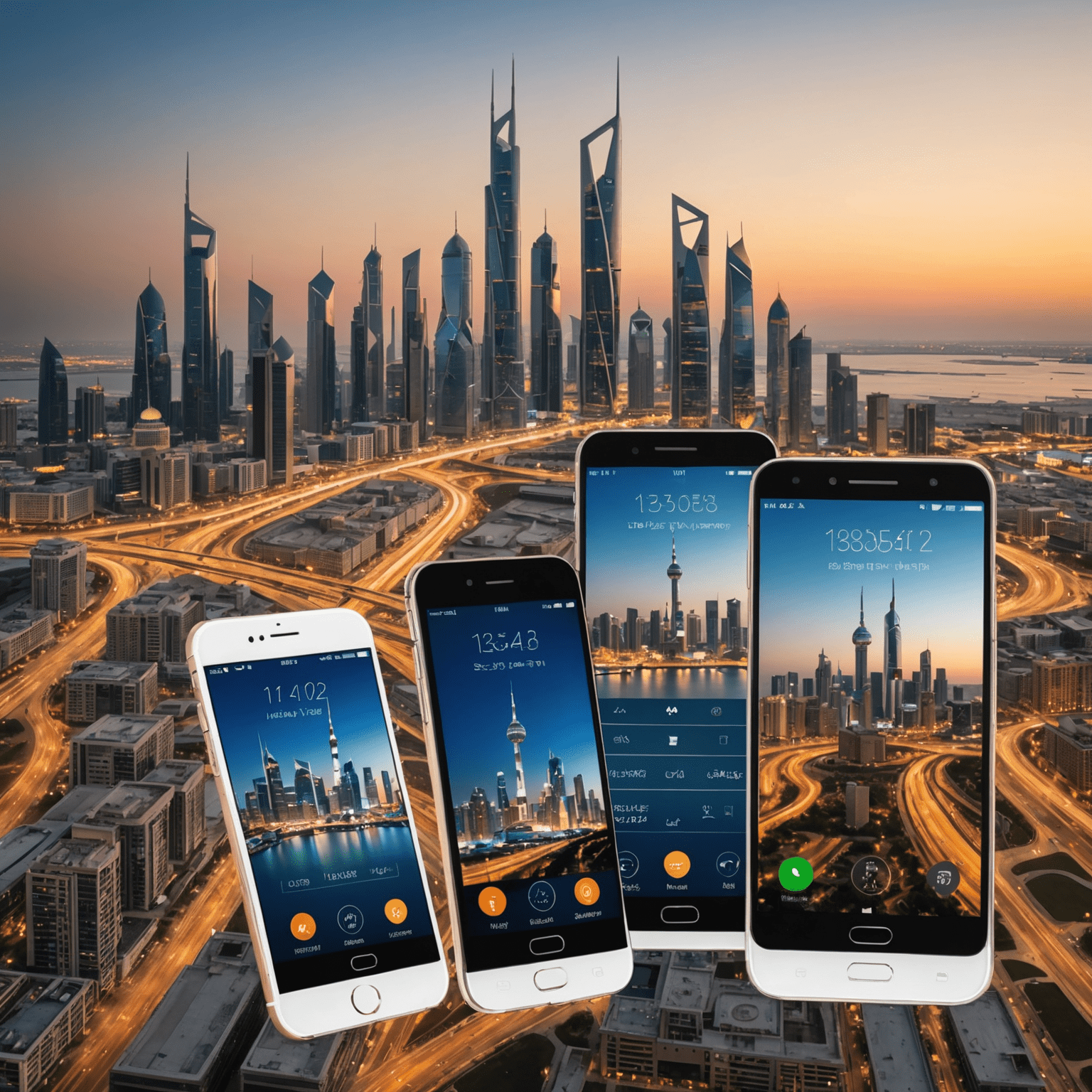 Various mobile phones displaying different plan options, with Kuwait City skyline in the background