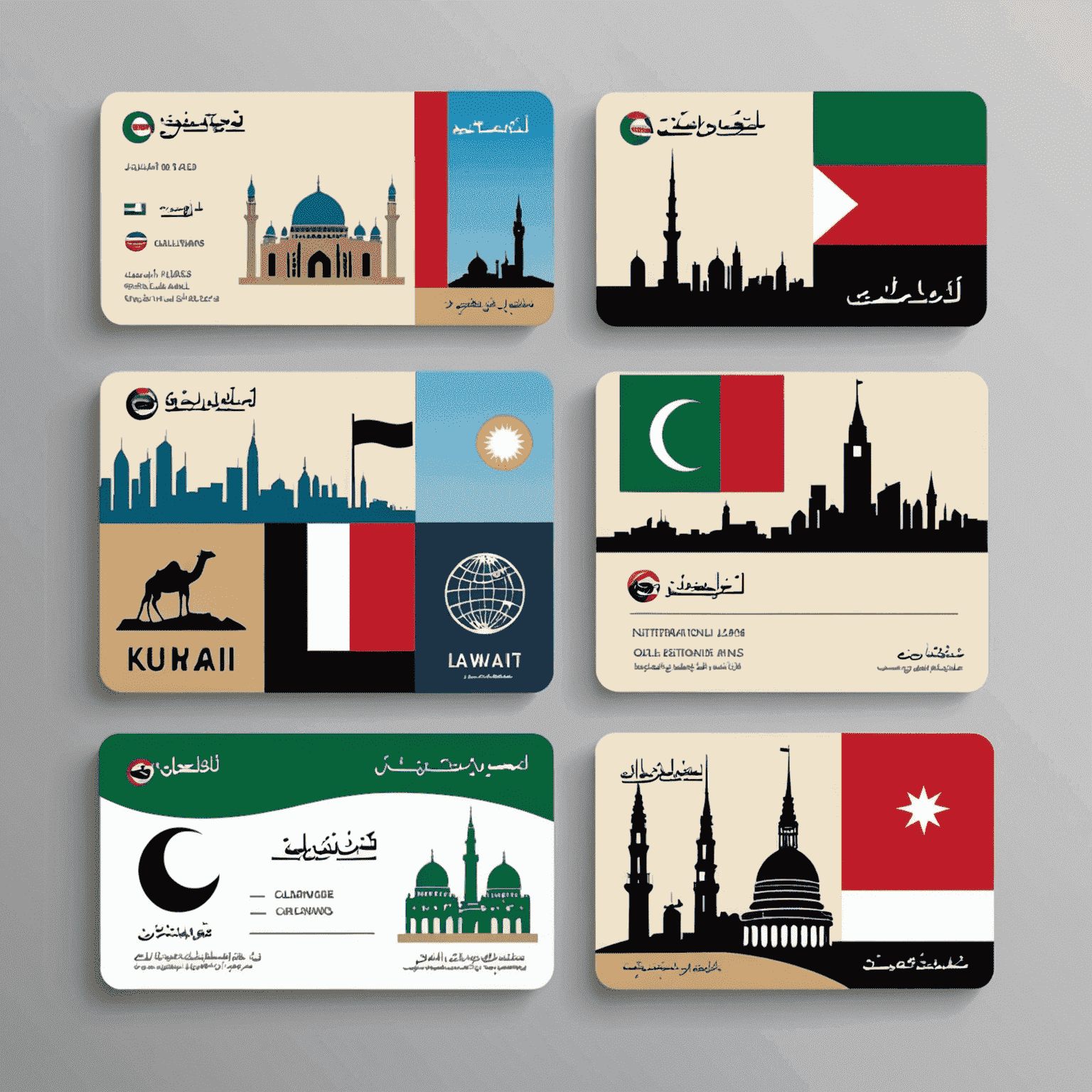 A collection of international calling cards with Kuwaiti flag and global landmarks